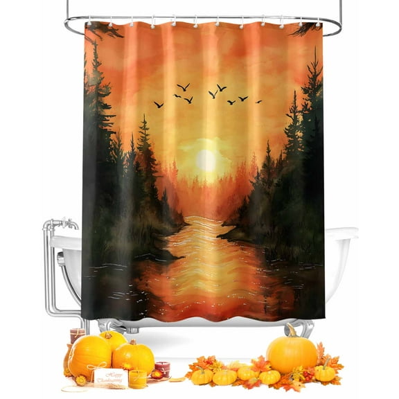 Fall Shower Curtain Sunset Forest Bathroom Curtains with Hooks, Waterproof Fabric Bird Mountain Thanksgiving Bath Shower Curtains Set for Bathroom Bathtubs Decor 72x84 Inch