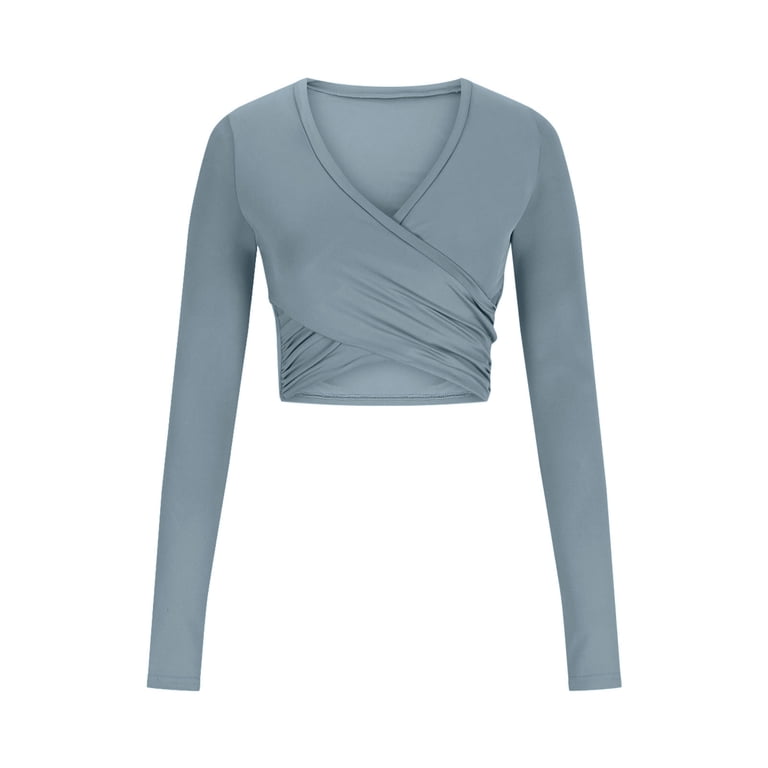 QINSEN Women's Long Sleeve Twist Front V-Neck T-Shirt - Slim Fit Double Lined Trendy Top