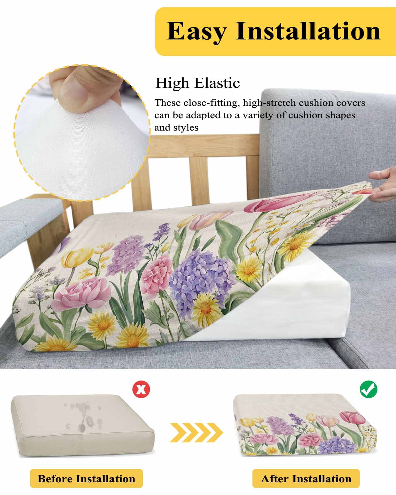 Spring Floral Couch Cushion Covers,Stretch Seat Cushion Covers for Sectional Sofa,Pink Tulip Summer Botanical Rustic Individual Sofa&nbsp;Slipcovers Furniture Protector with Elastic Straps 1Pcs, S