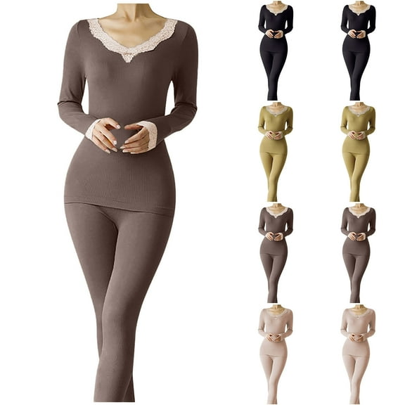 QLEICOM Pajamas for Women Set,Womens Lounge Set,Thermal Underwear for Women Lace Long Johns Base Layer Thermals Top and Bottom Set Cold Weather