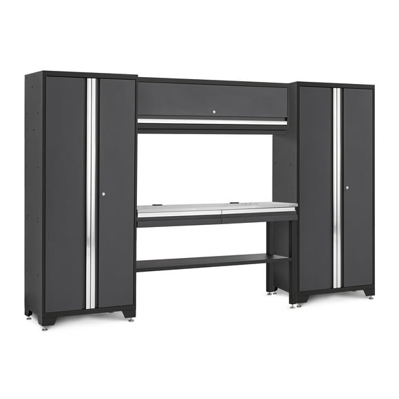 NewAge Products Bold Series Gray 5 Piece Set with 30 in Locker, 60 in Wall Cabinet, 60 in RTA Workbench and Stainless Steel Worktop, Heavy Duty Steel Grage Storage Cabinets