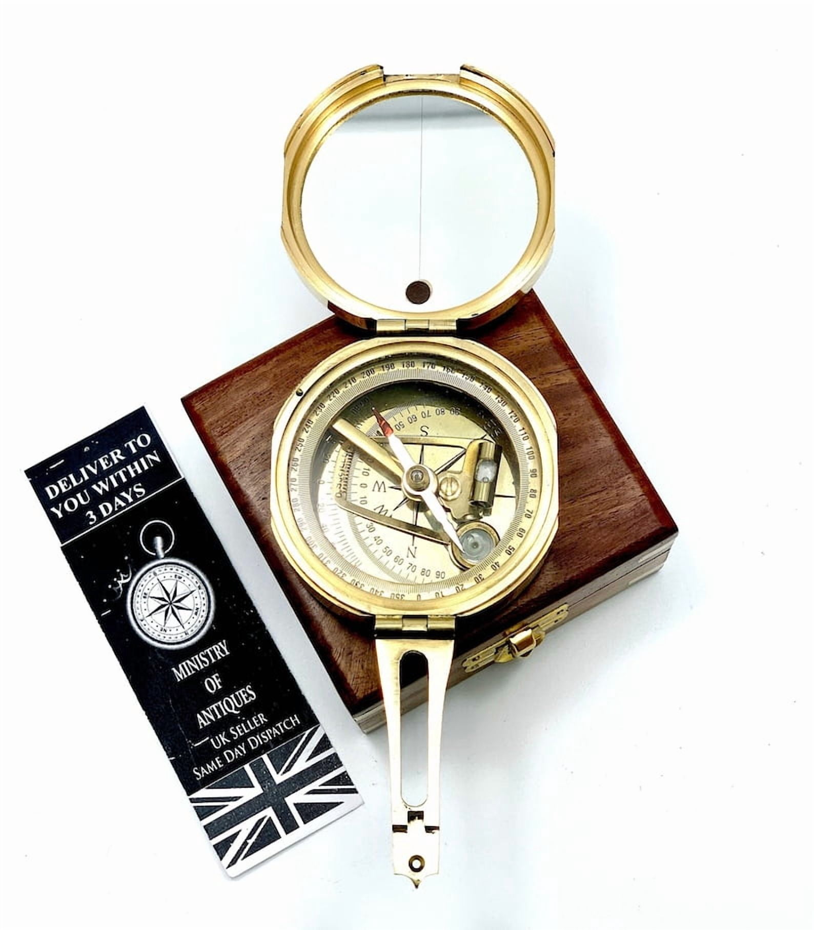 Brunton Nautical Geological Compass in Wooden Box | Handmade Brass Military Transit Surveying & Geology Thumb Compass | Heavy-Duty Collectible Instrument