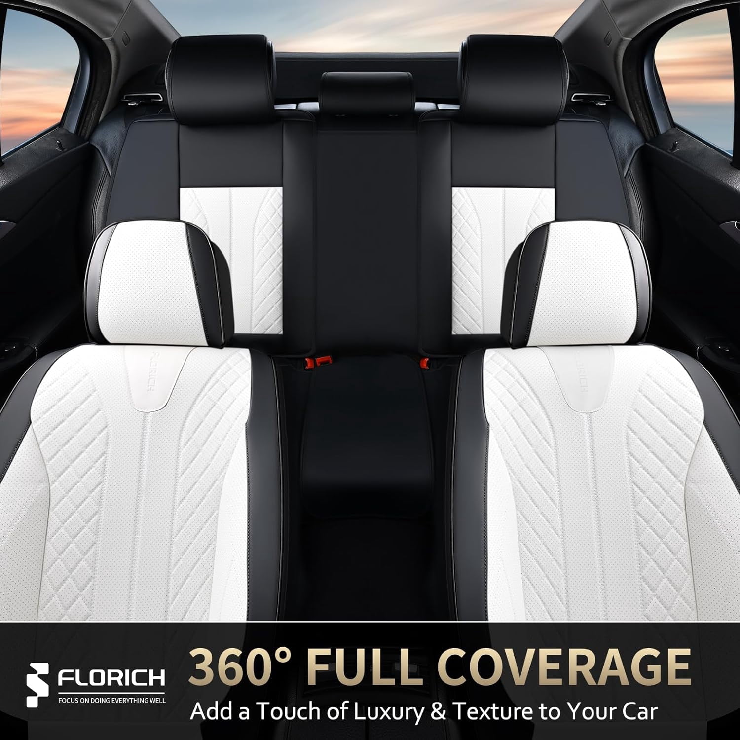 FLORICH Front Pair Car Seat Covers, Premium Faux Leather Seat Protectors, Breathable Material Cushions Universal Fit for Most Cars, Black & Withe