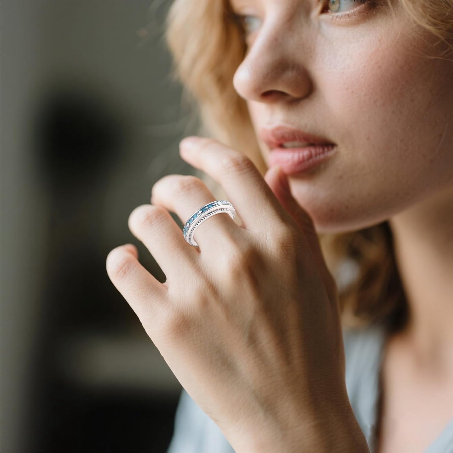 Anxiety Cross Turquoise Rings 925 Sterling Silver Star Fidget Spinner Ring Jewelry for Women Men Lover