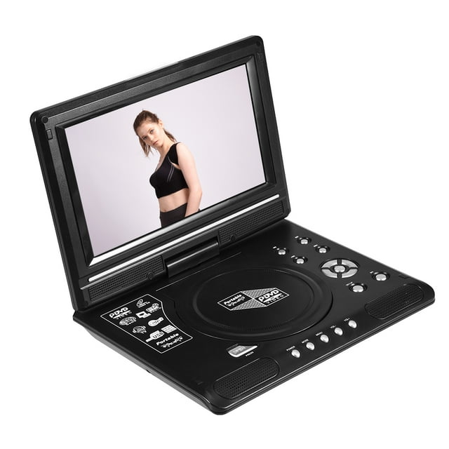 Ccdes CD DVD Player with a 9-inch HD LCD widescreen, featuring a 270-degree rotatable display. The black portable DVD player includes a high-speed USB interface, FM radio, game function, and intelligent power failure memory. It supports multiple formats such as AVI, DVD, VCD, CD, and MPEG-4, and has a built-in card reader for SD/MMC cards and USB. The device is equipped with DOLBY and DTS decoding, a rechargeable lithium battery, and AV input/output for external connections. The screen shows a video playback, and the control panel includes buttons for navigation and playback.