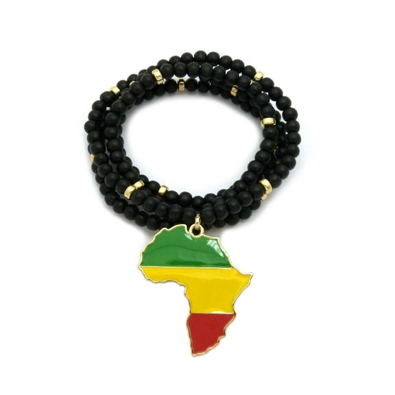 Pan Africa Continent Pendant w/6mm 30" Black Wood Bead Color Disc Necklace, GR/YEL/RD, Gold-Tone