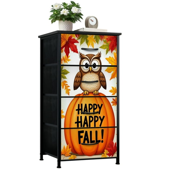 Dresser for Bedroom with 4 Storage Drawers Fall Garden Autumn Maple Harvest Rustic Farmland Yard Lawn Outdoor Owl Dressers Chest of Drawers Steel Framed Fabric Closet Organizers for Entryway