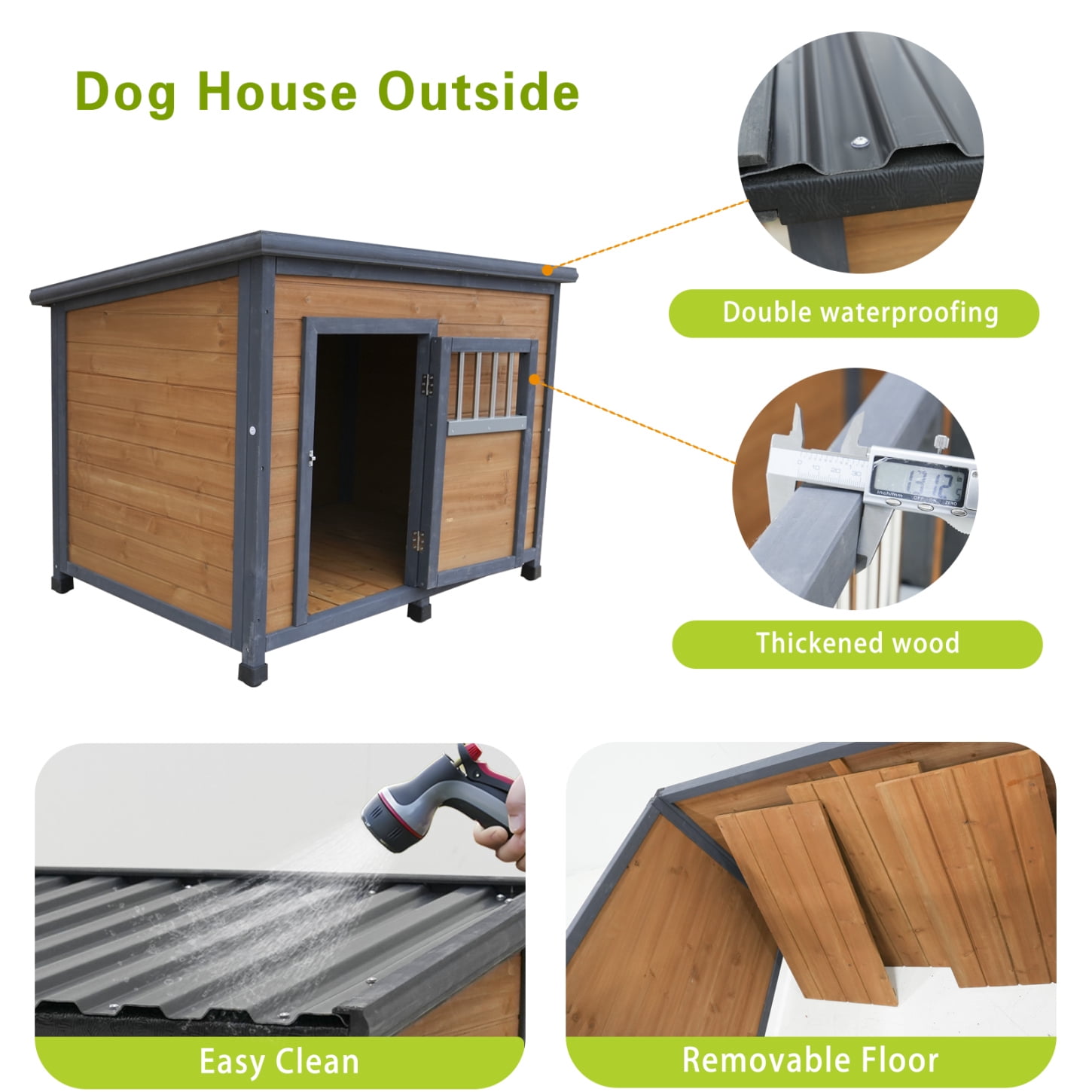 44.2" Wooden Dog House, Outdoor and Indoor Large Kennel with Elevated Feet and Breathable Wooden Doors, Weatherproof Solid Wood Doghouse for Small Large Dog
