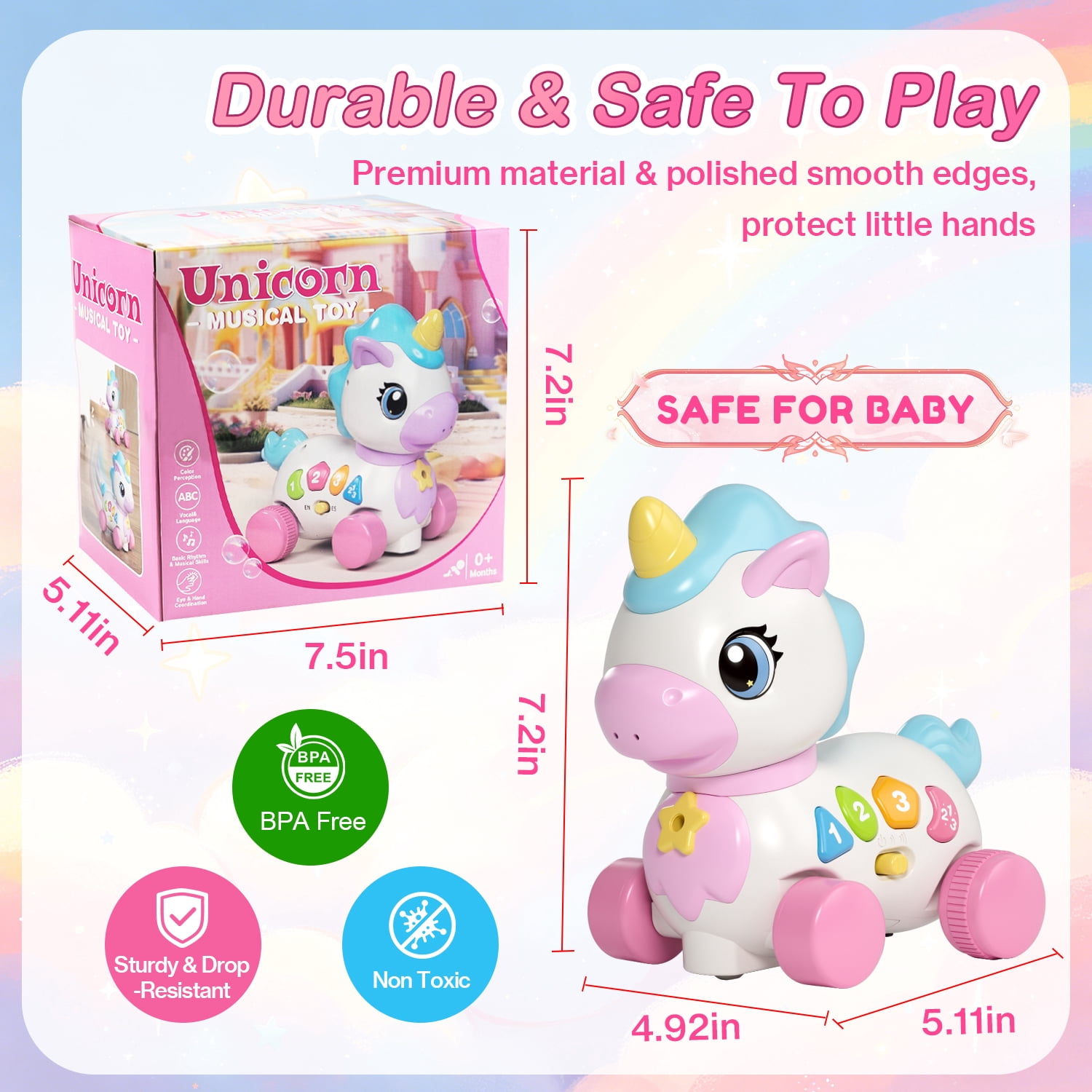QOQ Baby Unicorn Musical Toy with Music & Lights, Bilingual Educational Sensory Toy for 6-18 Months, Crawling & Walking Learning Toy for Infants & Toddlers, Birthday Gift for Baby Girls Boys