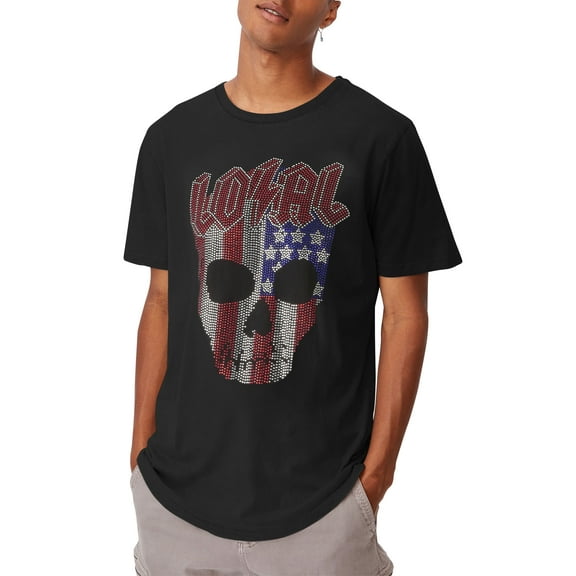 Ma Croix Mens American Flag Skull Sequin Rhinestone Embedded Short Sleeve T Shirt
