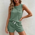 thumbnail image 2 of FINALGANG Womens Waffle Knit Two Piece Outfit Crew Neck Sleeveless Tank Top With Pocket Drawstring Waist Shorts Casual Matching Set For Loungewear Daily Wear Leisure Set, 2 of 4