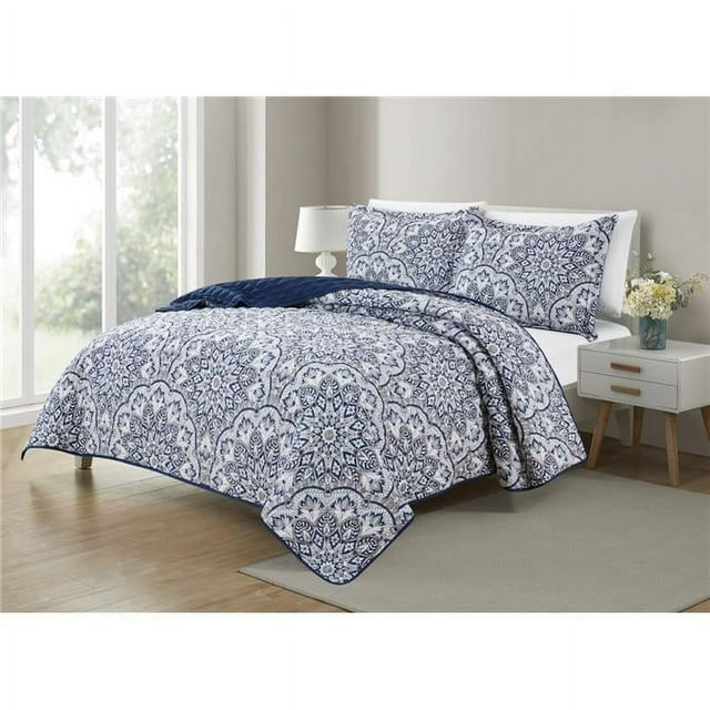 Bibb Home 2025FQNAVMED Full & Queen Size Printed Reversible Quilt Set, Navy Medallion - 3 Piece