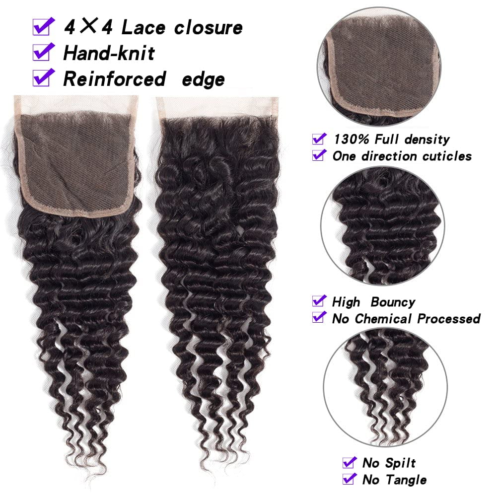 Brazilian Deep Wave 3 Bundles with Closure - Virgin Hair Deep Wave Human Hair Deep Curly Bundles with Lace Closure (22 closure+24 26 28)