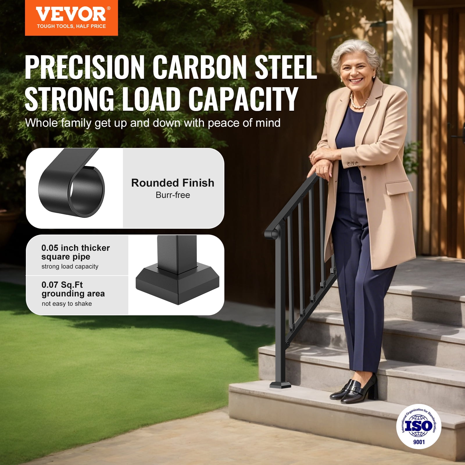 VEVOR Handrails for Outdoor Steps, 3-4 Step Stair Hand Rail Kit, Transitional Carbon Steel Railings with Installation Kit, Stair Rails for Seniors, Concrete Steps & Porch & Deck, Black Retro Arch