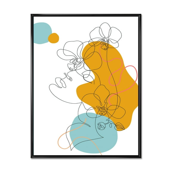 Designart 'Beautiful Woman Portrait With One Line Drawing' Modern Framed Canvas Wall Art Print
