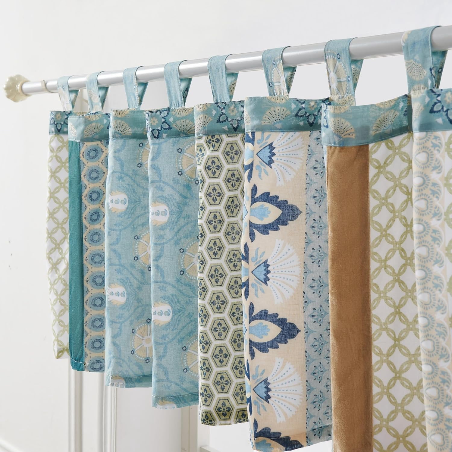 Global Trends Tori Patchwork Button-Embellished Tab Top Window Valance, 84" Wide x 21" Long, Blue