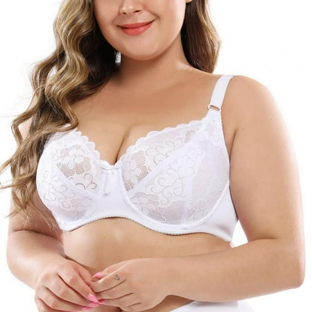 

Plus Size Bras for Women Sexy Lace Perspective Underwire Bra Embroidery Floral Bralette Top White 42D/E