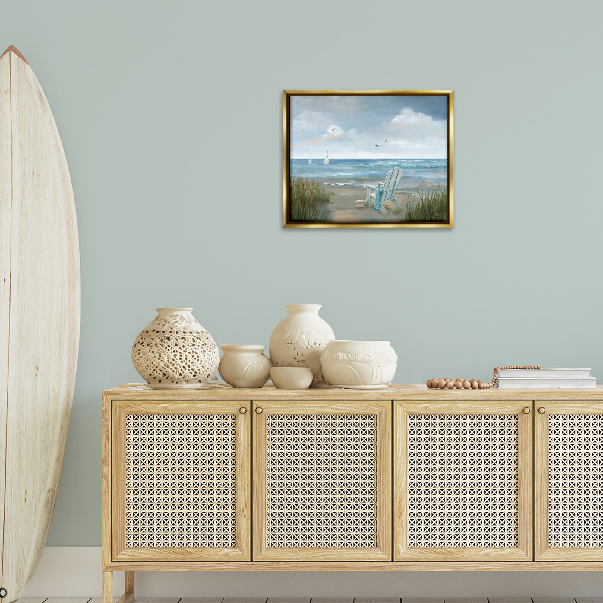 Stupell Industries Soothing Beach Scenery Nautical & Beach Painting Gold Floater Framed Canvas Art Print Wall Art, 21 x 17