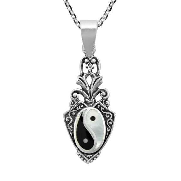 Balance of Life Yin and Yang Crest Sterling Silver Pendant Necklace