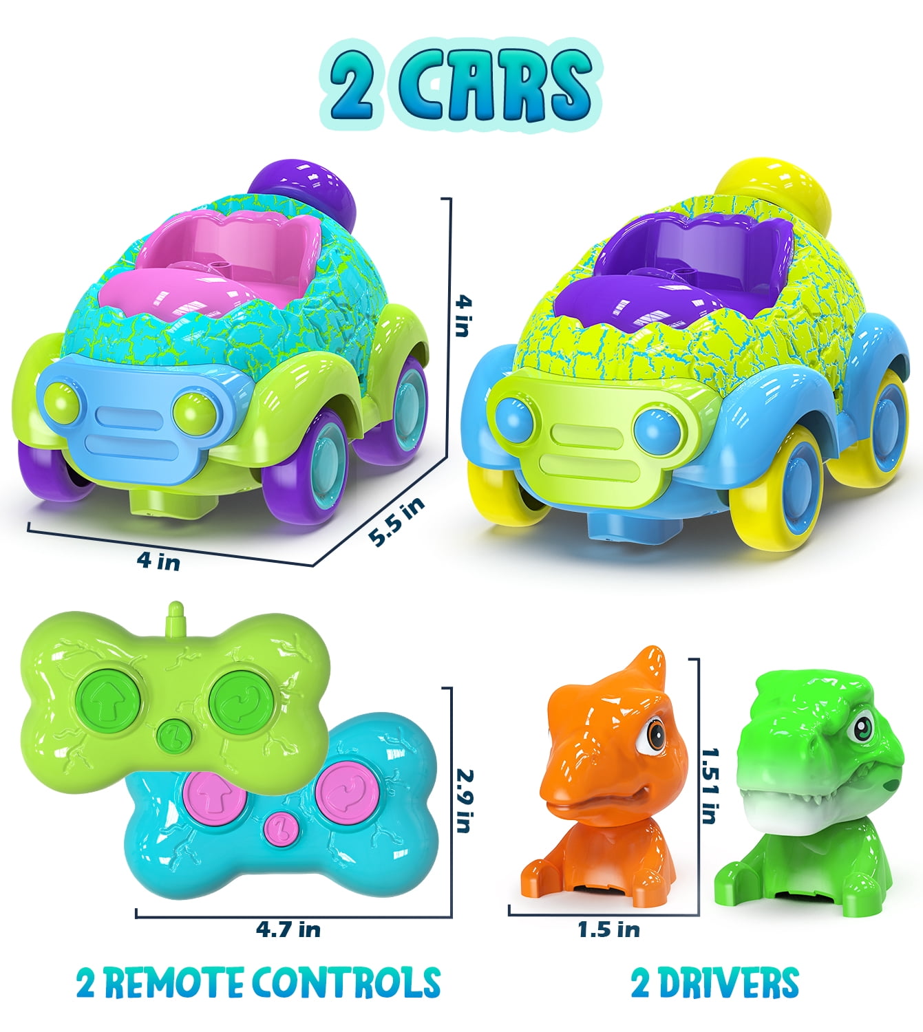 Carsky Remote Control Cars for Toddlers, 2 Pack Dinosaur Racing Cars Toys for Kids 2-3 with LED Lights, RC Toys for 2 3 4 5 Year Old Boys Girls, Birthday Gifts Toy for Kids