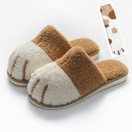 

CoCopeanut [Free Sock] Super Cute Cat Paw Women Fur Slipers Winter House Bedroom Keep Warm Plush Shoes Non-slip Indoor Women Furry Slippers