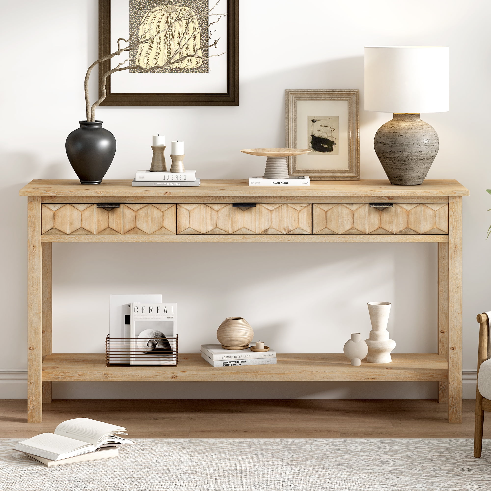 Euroco 60" Console Table,Narrow Long Sofa Table Behind Couch with 3 Drawers,Open Storage Shelf and Honeycomb Design for Entryway, Living Room,Foyer,Natural
