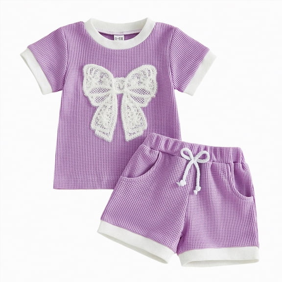HCNTES Kid Summer Clothes Toddler Baby Girl Outfit Sets Short Sleeve T-shirt Elastic Waist Shorts 2 Piece Short Set Summer Pjs For 0-24 Months 2t 3t 4t 5t 6t 7t Children, 2-3 Years
