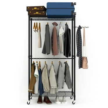 Ktaxon Heavy Duty Rolling Garment Rack Portable Double Hanging Rod Clothing Rack with Adjustable Shelves 2-Tier Closet Storage Organizer Unit Black