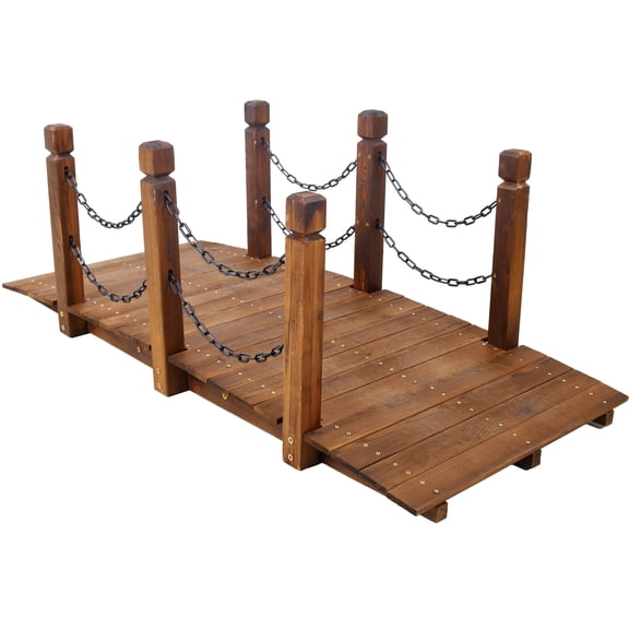5 FT Wooden Garden Bridge, Stained Wood Arc Footbridge with Chain Railings for Backyard Creek Farm, Decorative Pond Bridge, Easy to Assemble (Brown),