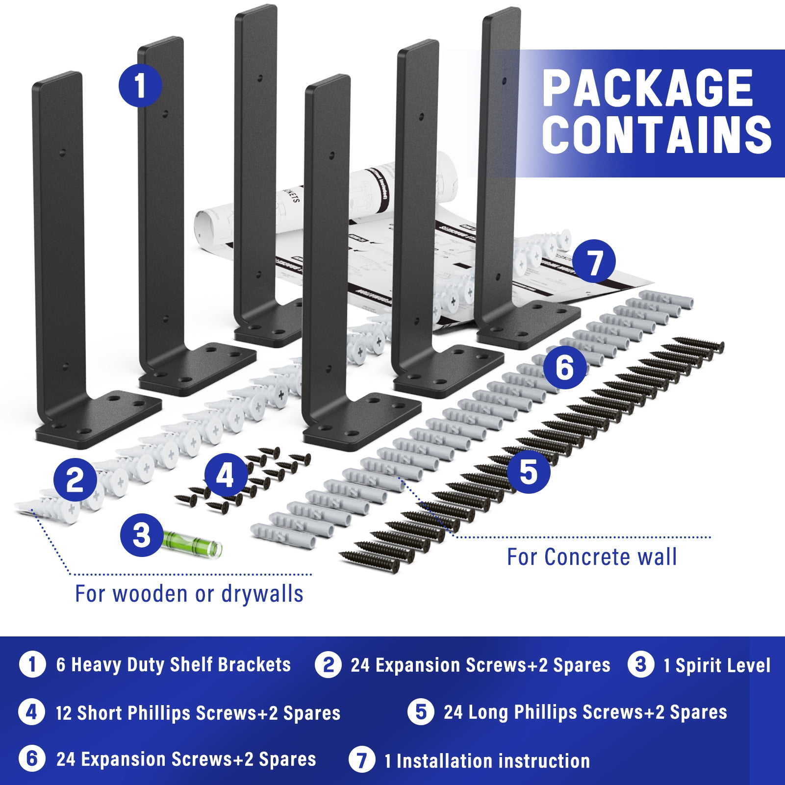 6 Pack Heavy Duty Shelf Bracket, 10 inch Floating Shelf Brackets(1/5"-Thick) Black Metal Wall Shelf Support Brackets, Holds 160+lb