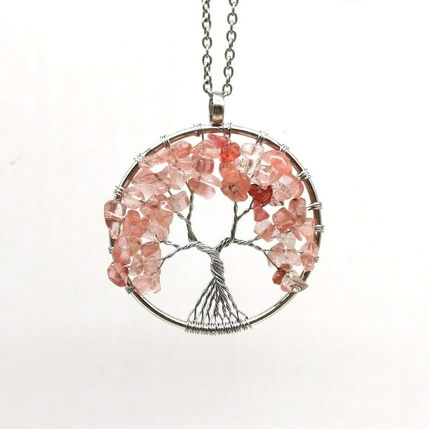 Zhuge Collar con colgante de árbol de la vida para hombres y mujeres, accesorios de collar hechos a mano con piedra natural y cristal, collar con árbol de la vida (rojo claro, cadena)