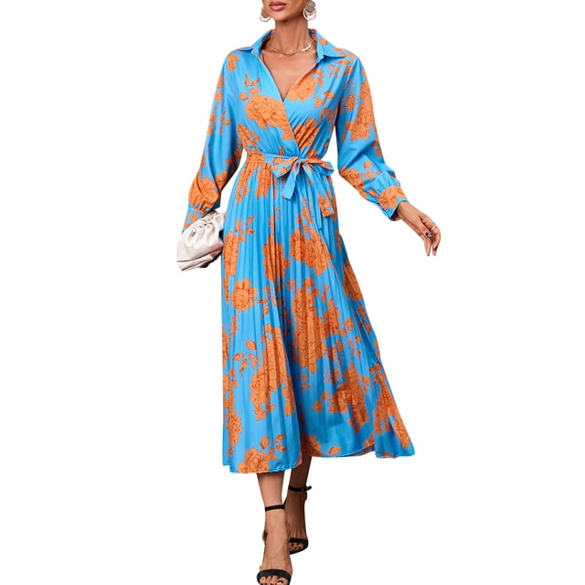 Vestido de manga larga para mujer Vestido plisado con cinturón floral en la cintura para fiesta e Romacci Vestido