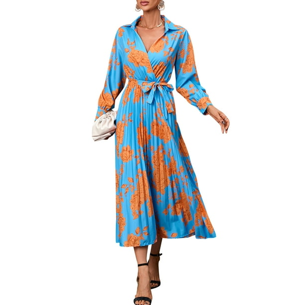 Vestido de manga larga para mujer Vestido plisado con cinturón floral en la cintura para fiesta Irfora Vestido