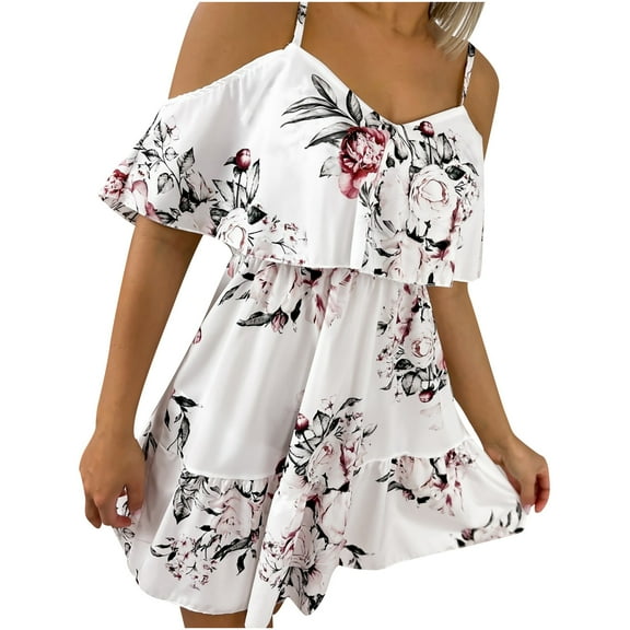Babysbule Women's Summer Dresses Womens Summer Casual Print Ruffle Blouse Short Sleeve Sling Loose Dress
