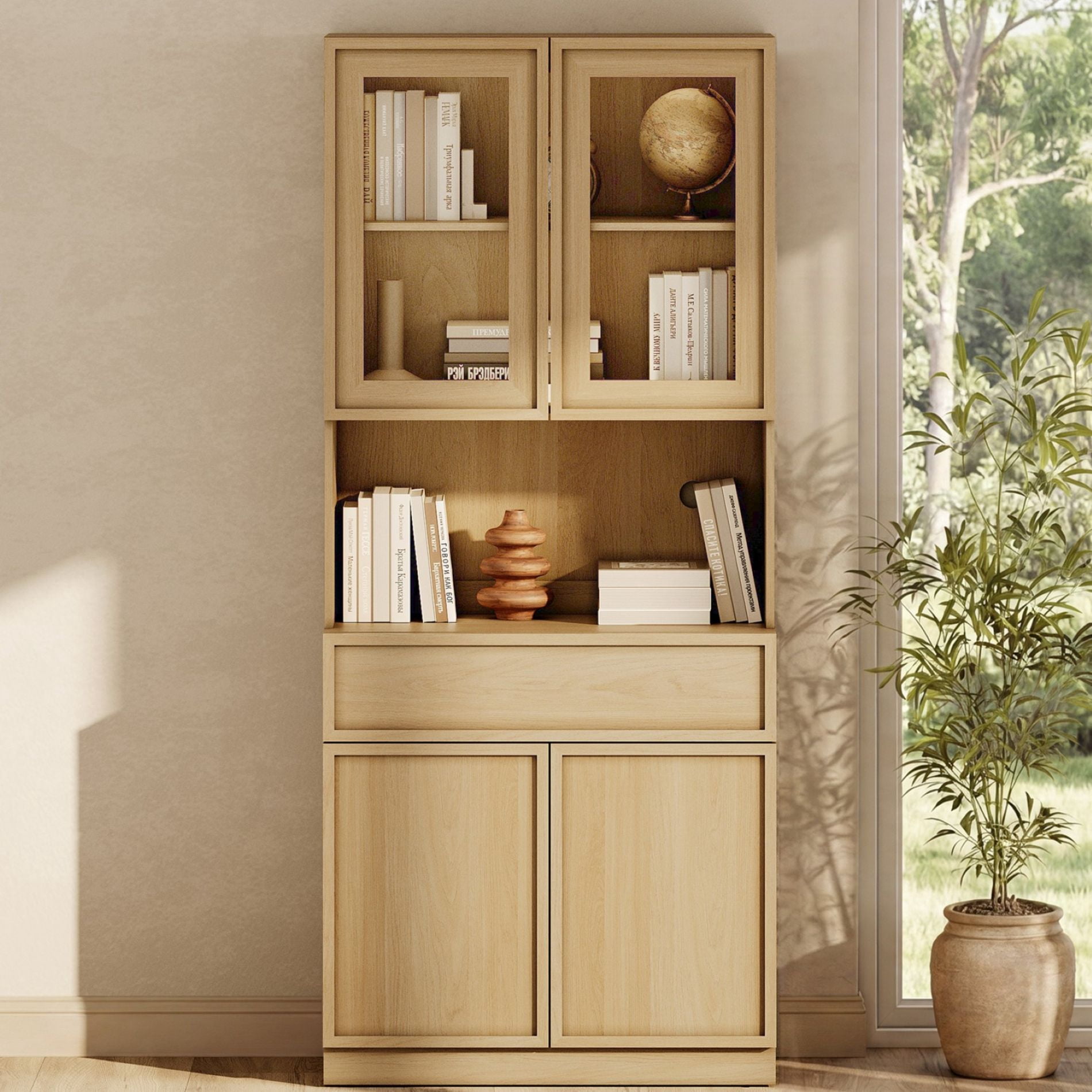 Modern 72" Tall Bookshelf with Glass Doors, Drawers & Adjustable Shelves, Closed Storage Cabinet & Glass Display Shelves,Oak
