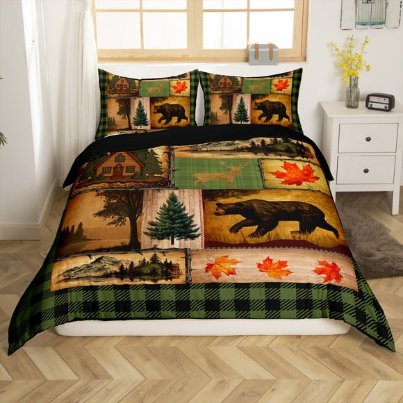Country Bear King Bedding Set,Green Black Buffalo Grid Tartan Duvet Cover,Christmas Wild Animals Bed Set,Woodland Western Barn Comforter Cover,Camp Hunting Wildlife Quilt Cover（No Comforter）