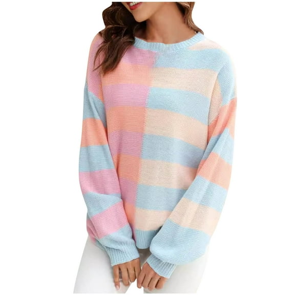 Kaemgyyd Womens Striped Oversized Sweater Crew Neck Long Sleeve Knitted Top Color Block Lightweight Casual Pullover