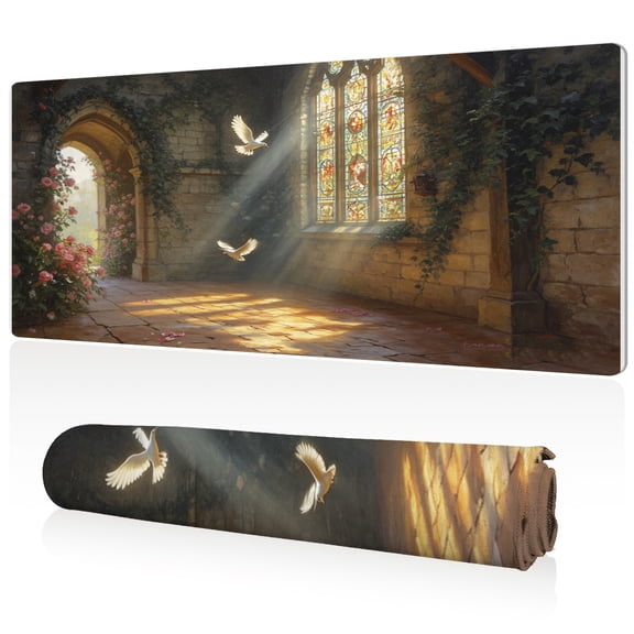 LIVEKEY Mouse Pad Ultra Large 80x40x0.3cm Full Desk Coverage Sunlit Doves in Ancient Church Art Design Non Slip Sewn Edges