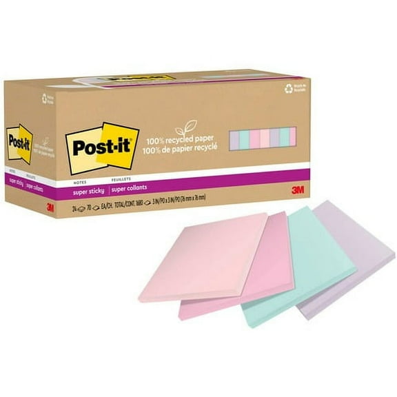 Post-it® Recycled Super Sticky Notes - 70 - 3" x 3" - Square - 70 Sheets per Pad - Wanderlust Pastels - Adhesive - 24 / Pack | Bundle of 2 Packs