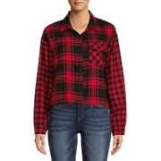 No Boundaries Juniors' Plaid Flannel Button Front Shirt with Long Sleeves