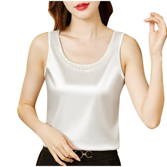 hotojiny Women Summer Tank Top Plus Size Crew Neck Silk Satin Blouse Sleeveless Business Shirt Casual Dressy Outfit Vacation Clothes