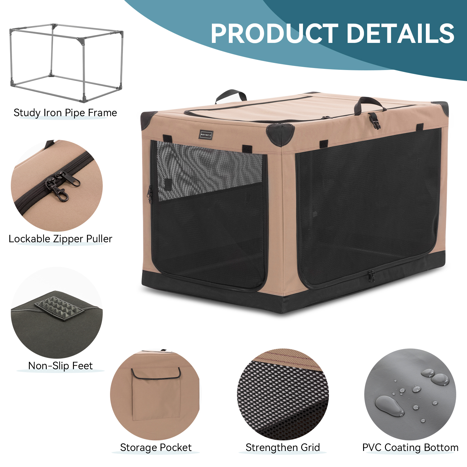 PETSFIT 36 Inch Portable Pet Care Kennel, Adjustable Fabric Cover by Spiral Iron Pipe,3 Door Design,Travel Dog Crate，Khaki