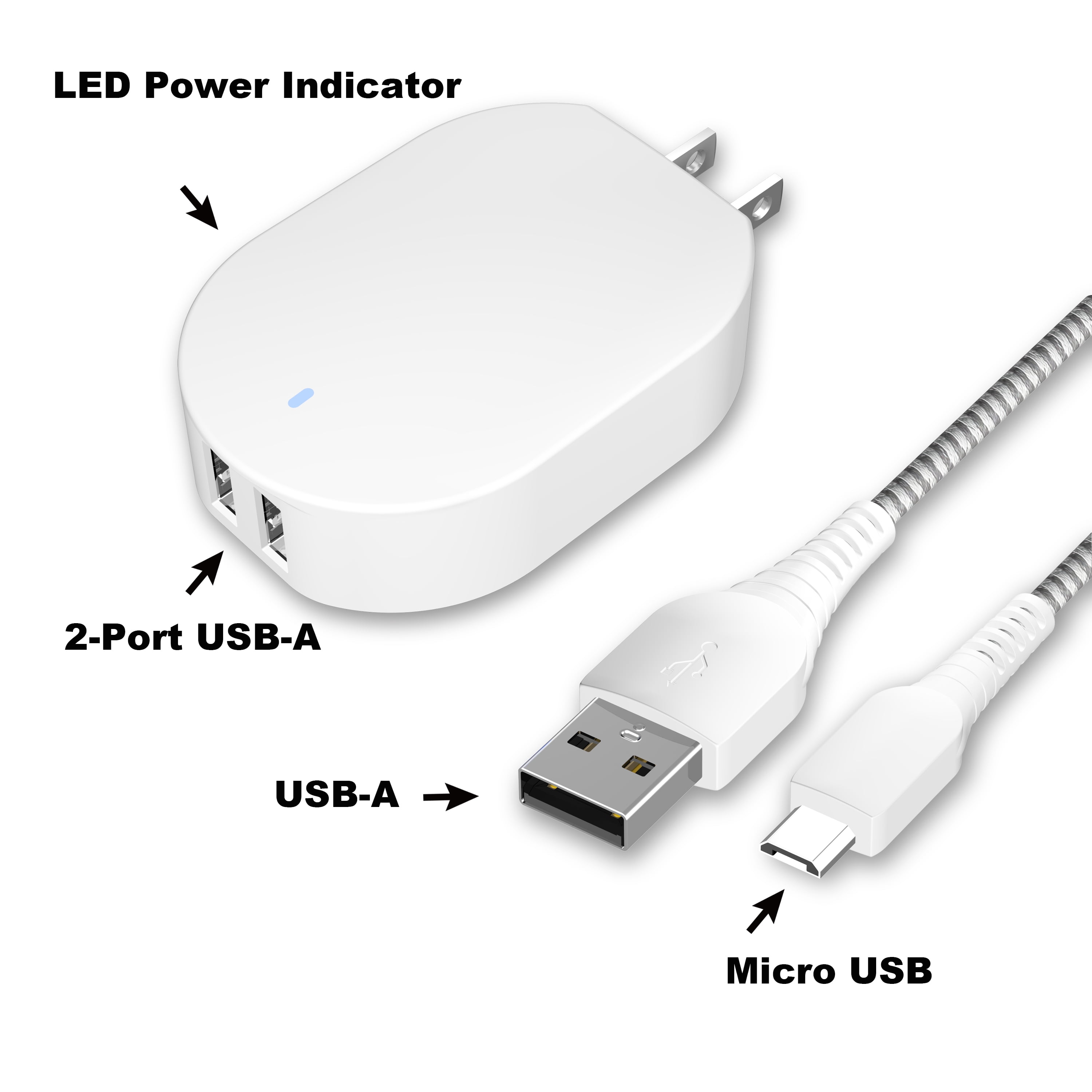 Lover Besøg bedsteforældre Bulk onn. 4.8A Dual-Port Wall Charging Kit with 3FT Micro-USB to USB Cable,  White,180 Degree Folding and Fridendly Plug,Cell Phone Charger, -  Walmart.com