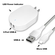 onn. 4.8A Dual-Port Wall Charging Kit with 3FT Micro-USB to USB Cable, White,180 Degree Folding and Fridendly Plug,Cell Phone Charger,