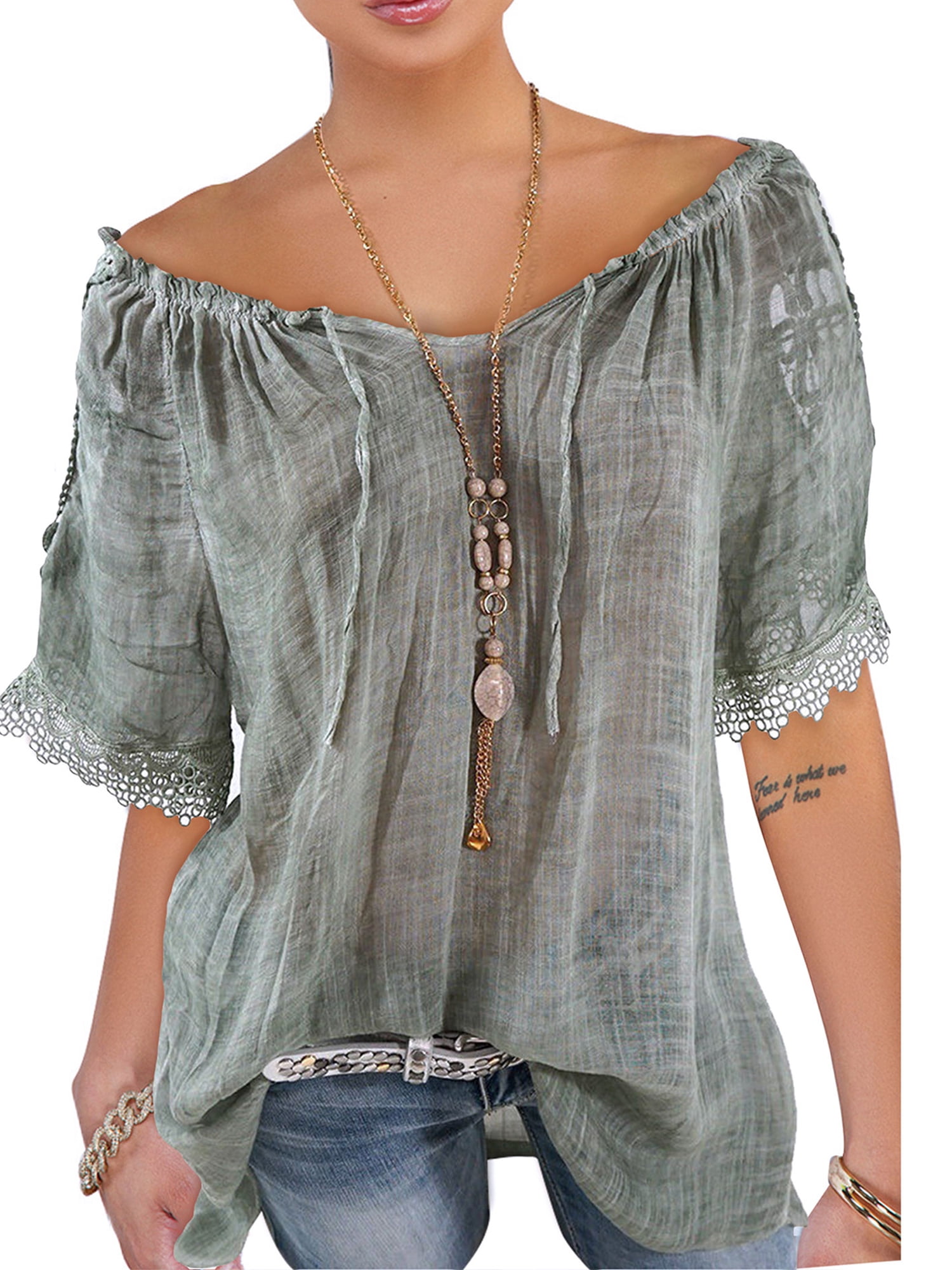 Womens Frill Necklace Gypsy Ladies Tunic V Neck Summer Tops Plus Sizes 12-22 