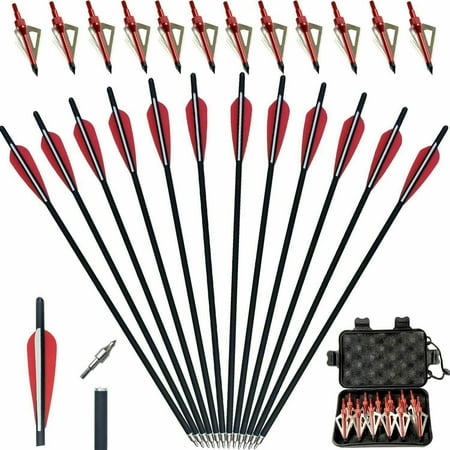 12Pcs 20 inch Hunting Crossbow Bolts Carbon Arrows + 12Pcs Hunting Broadheads US