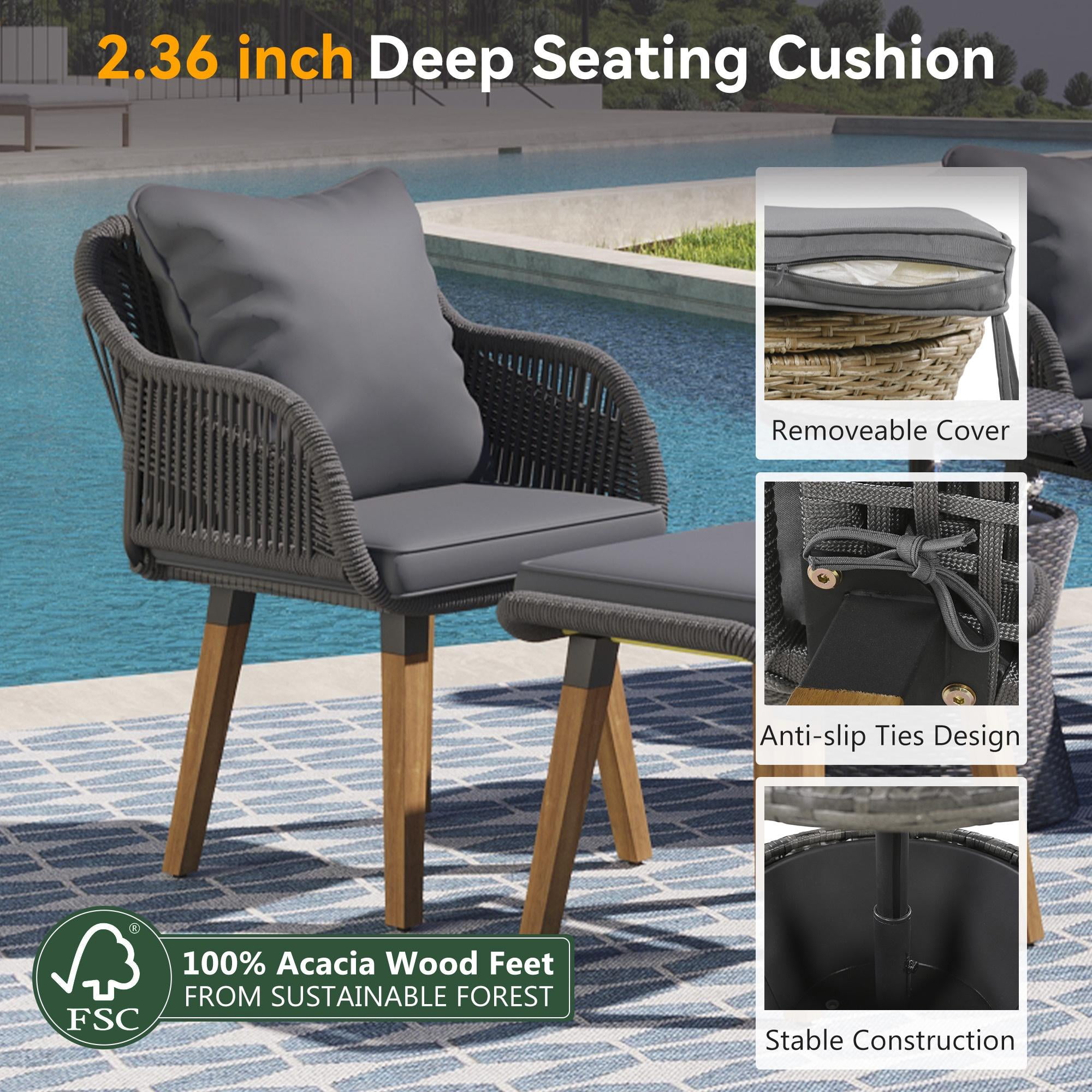 5 Piece Wicker Patio Furniture Set, Rattan Patio Chair Set with Ottoman and Wicker Cool Bar Table, Outdoor Furniture Set with Gray Seat Cushion for Garden, Backyard, Porch, Balcony, Poolside