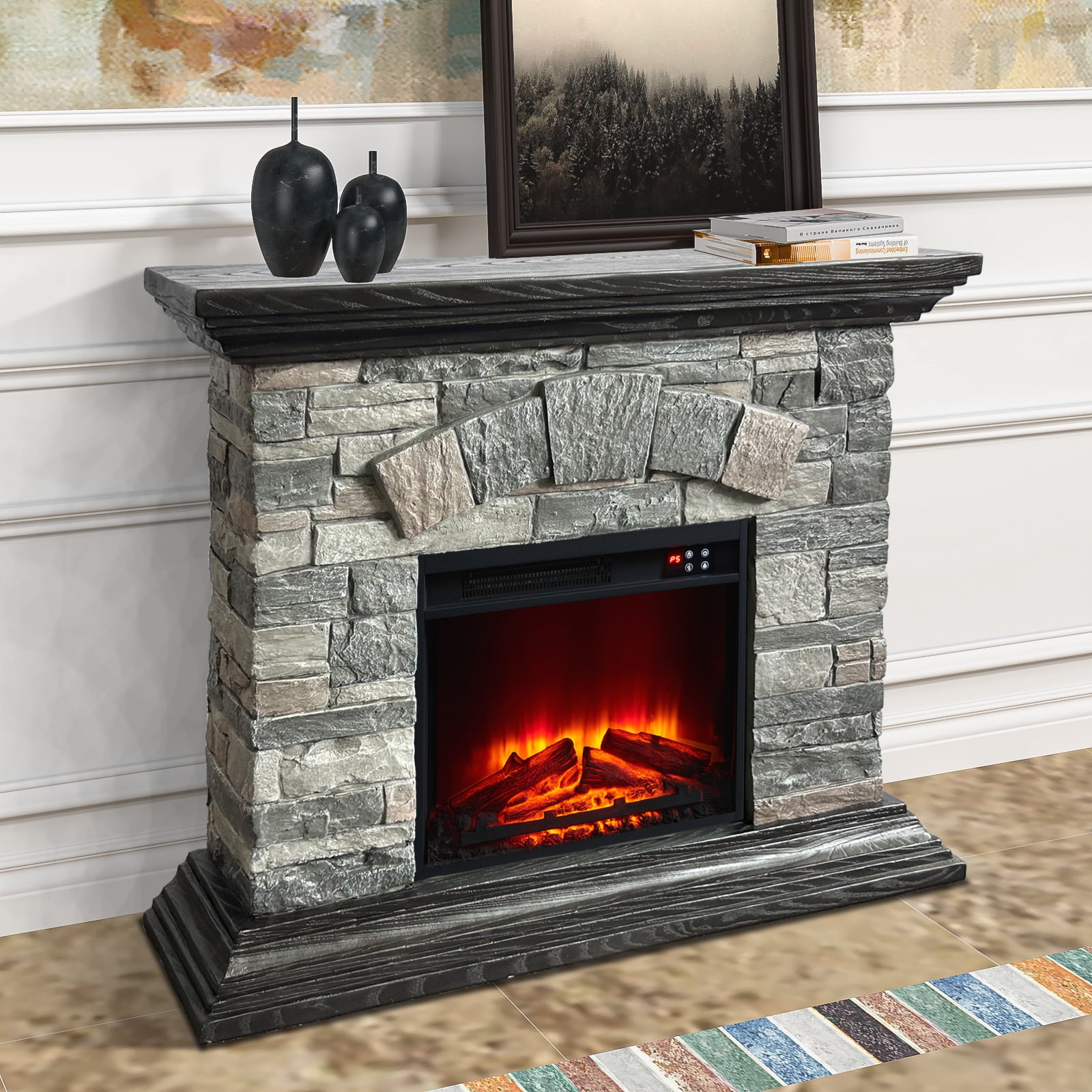 Joy River 40“ Grey Electric Fireplace with Faux Brick, Remote Control, and Adjustable Flame