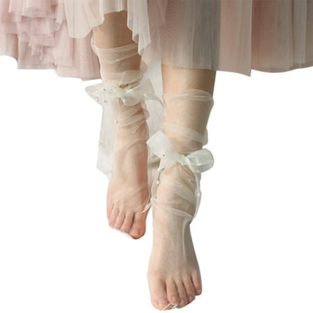 

Women Ultra-Thin Sheer Slouchy Ankle Socks Sweet Ribbon Bowknot Imitation Pearl Beading See-Through Mesh Tulle Stockings