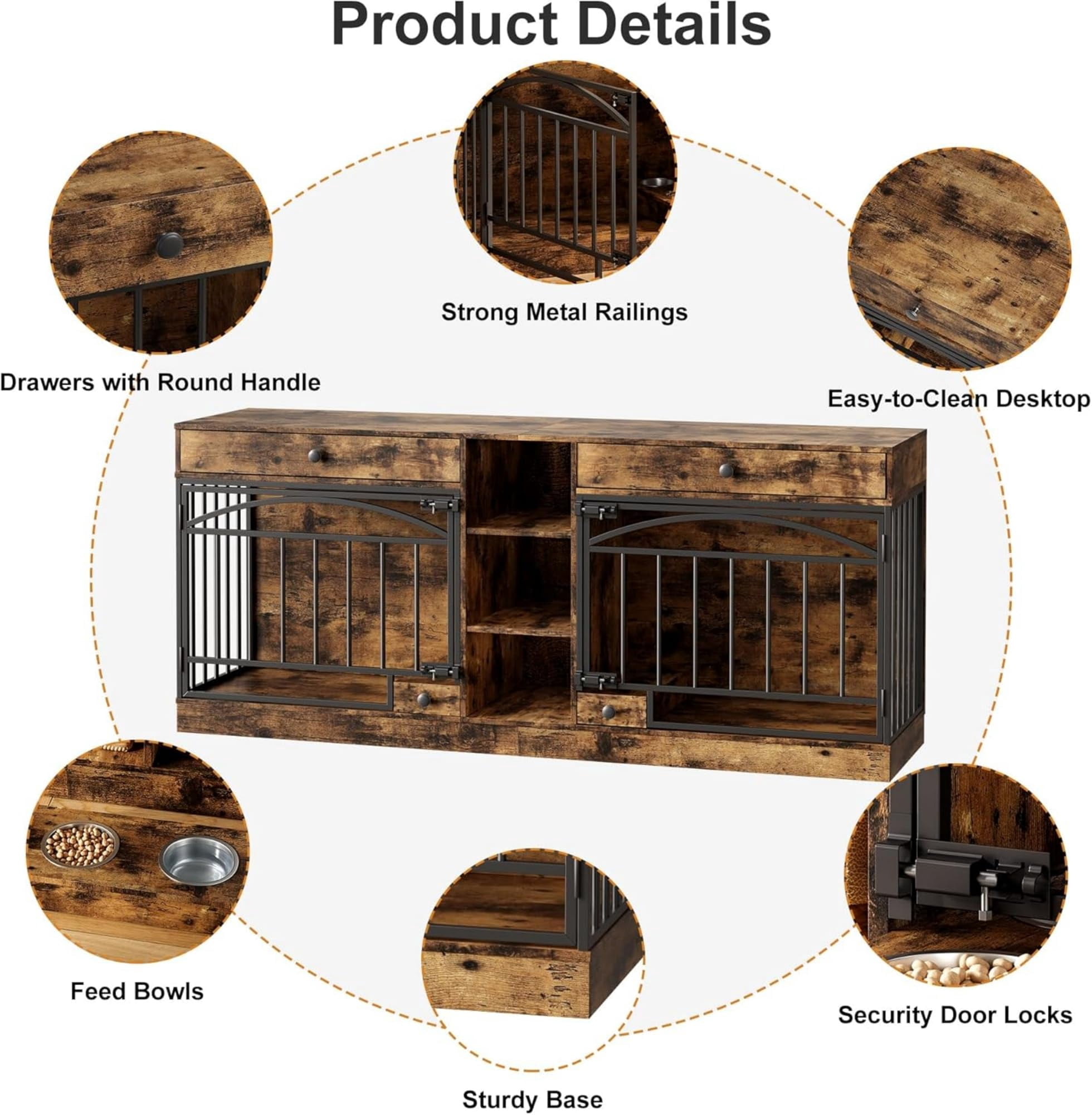 Accreate Dog Crate Furniture for 2 Dog, 78.7'' Large Dog Kennel Indoor with 2 Storage Drawers, 3 Shelves and Feeding Bowls, Double Dog Crate TV Stand for Small and Medium Dogs
